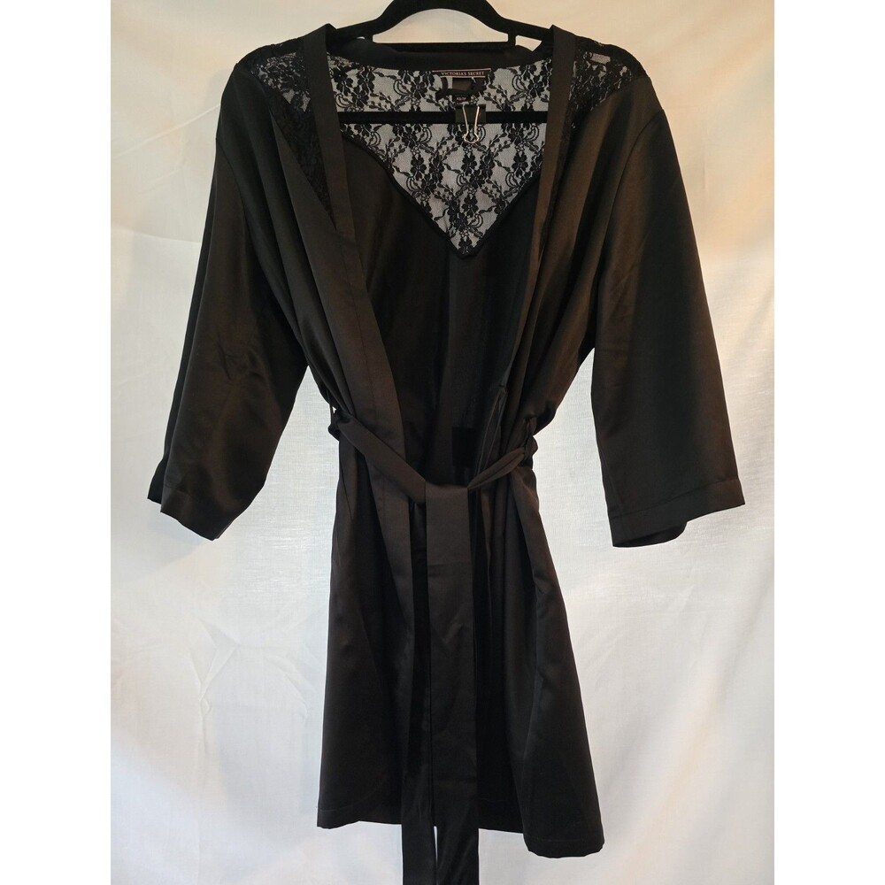 Victoria's Secret Sexy Short Satin Kimono Robe Size XS Black Lace Accent Back